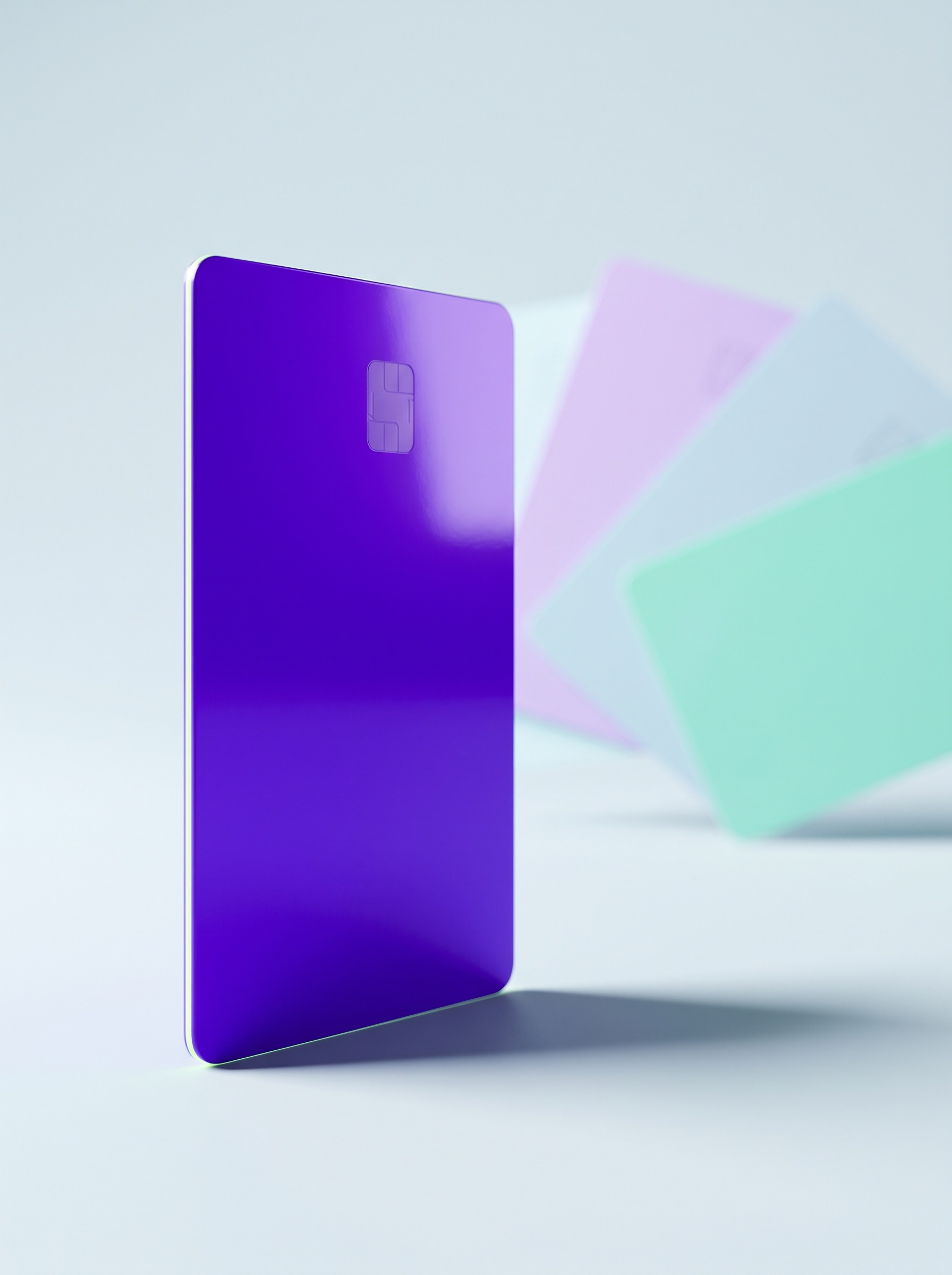 Ultraviolet payment card standing upright with pastel cards behind
